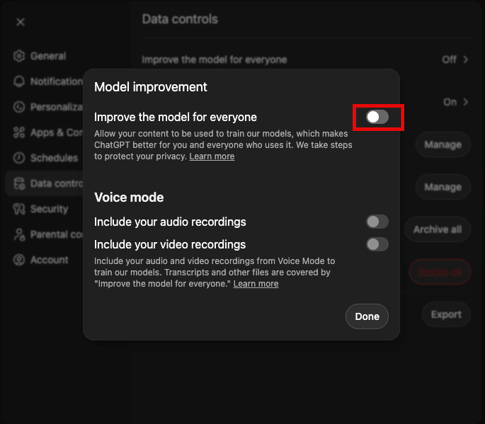 ChatGPT Settings Data controls showing toggle to disable model training