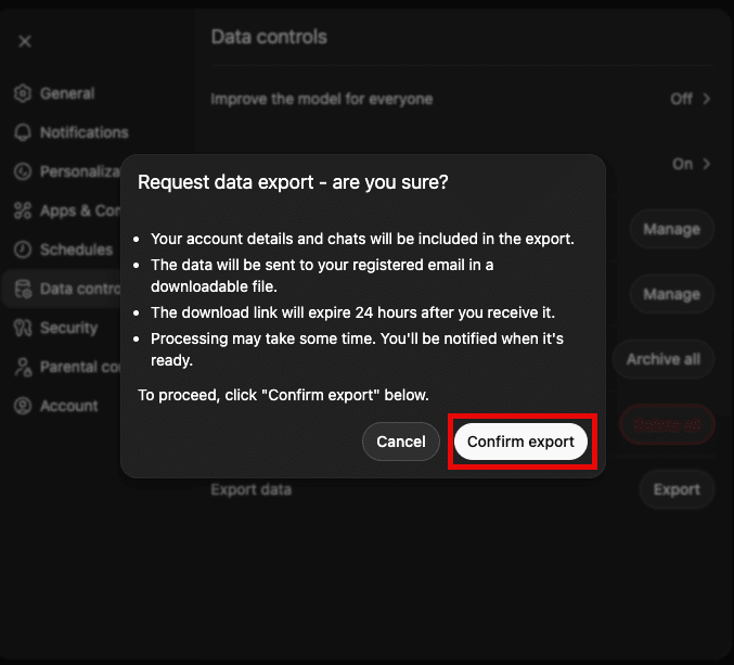 ChatGPT Settings showing Export data button in Data controls