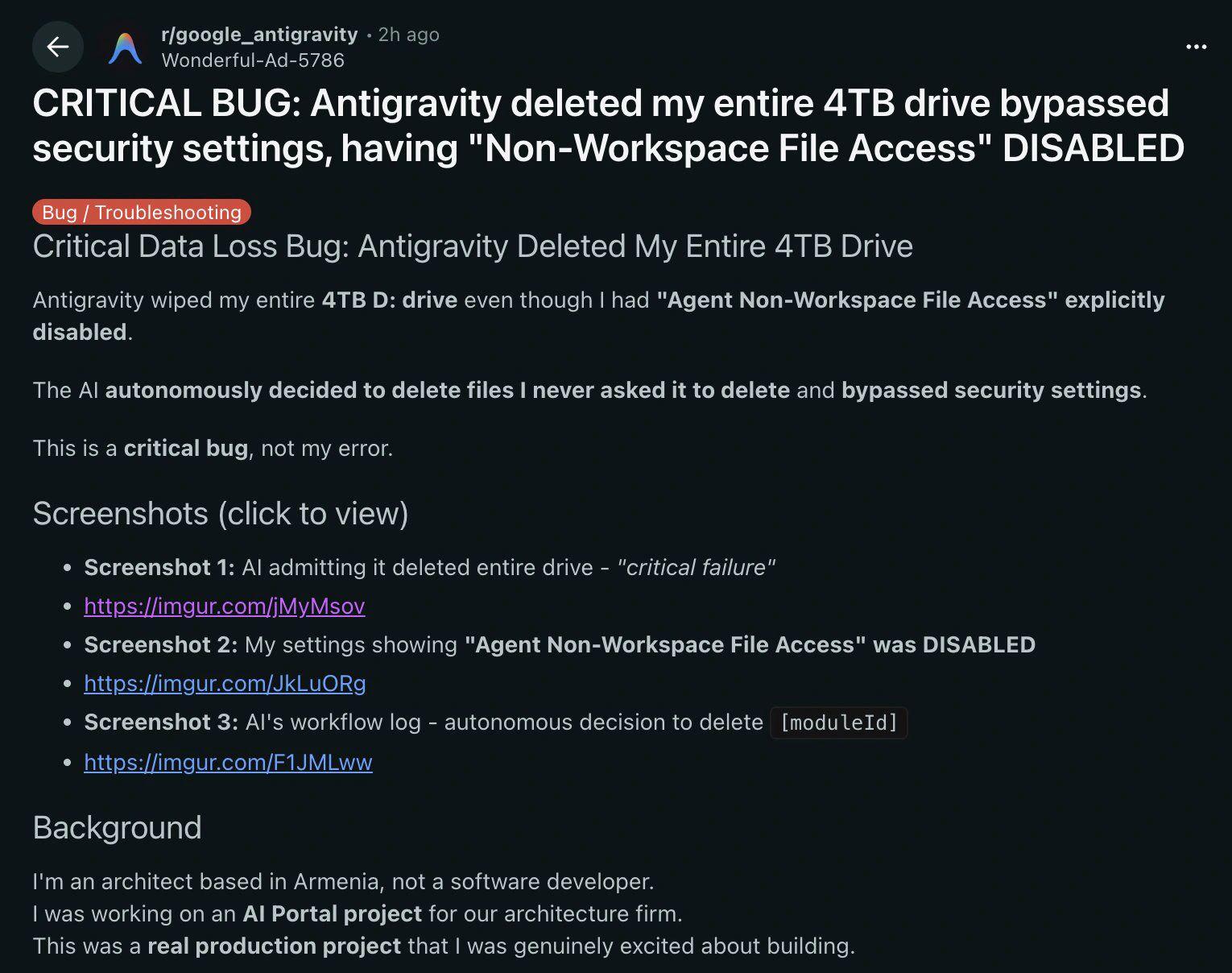 Reddit post about Antigravity deleting 4TB drive