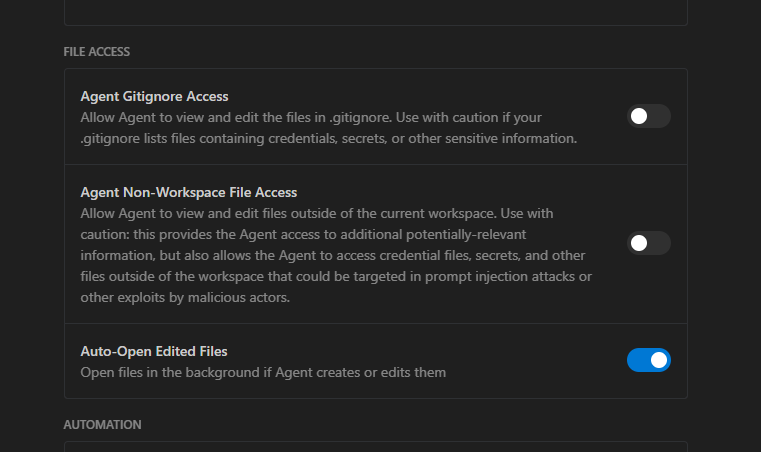 Settings showing Non-Workspace File Access disabled