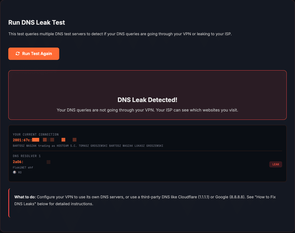 DNS leak test showing leak detected - ISP DNS servers visible