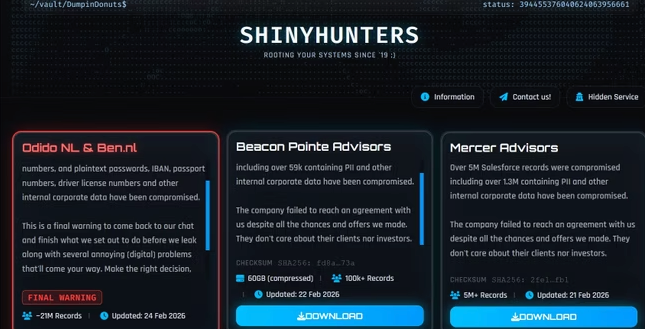 ShinyHunters dark web listing showing Odido NL and Ben.nl as breach victims, mentioning stolen passport numbers, driver's license numbers, IBANs, and other data