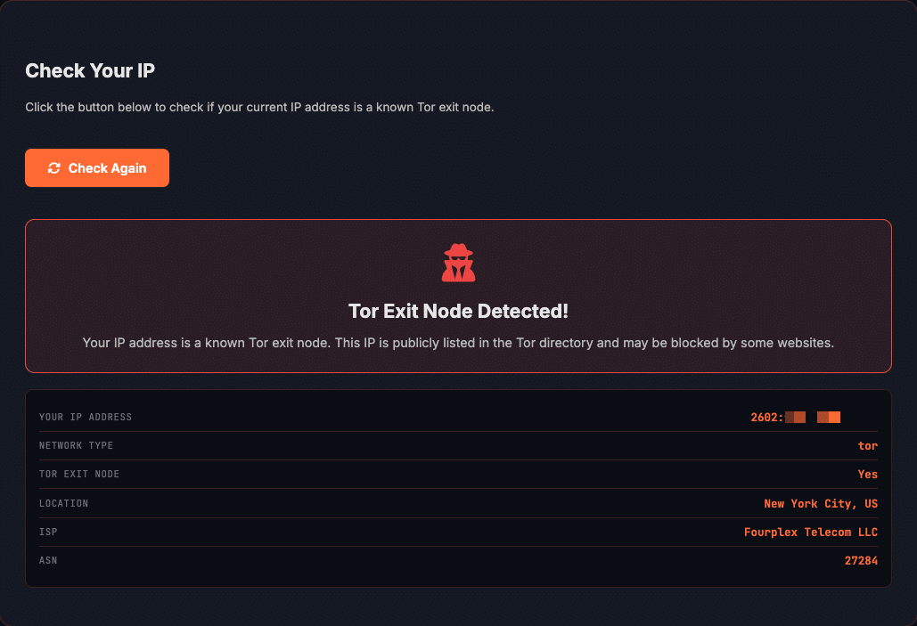 myip.foo TOR Detection showing a detected TOR exit node IP address