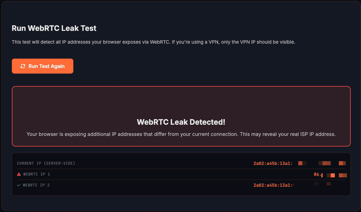 WebRTC leak exposing real IP address