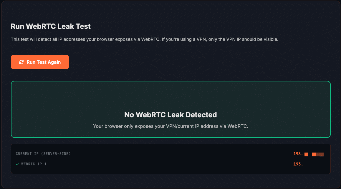 WebRTC leak blocked successfully