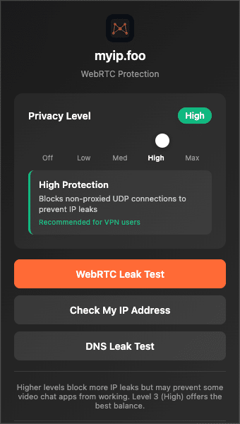 myip.foo WebRTC Blocker Extension Screenshot