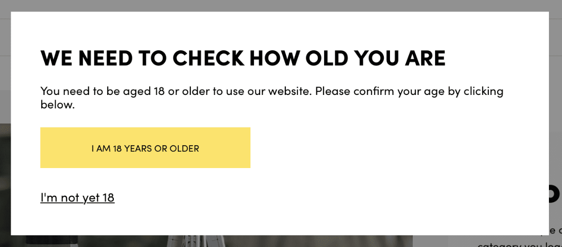 Age verification popup asking users to confirm they are 18 years or older