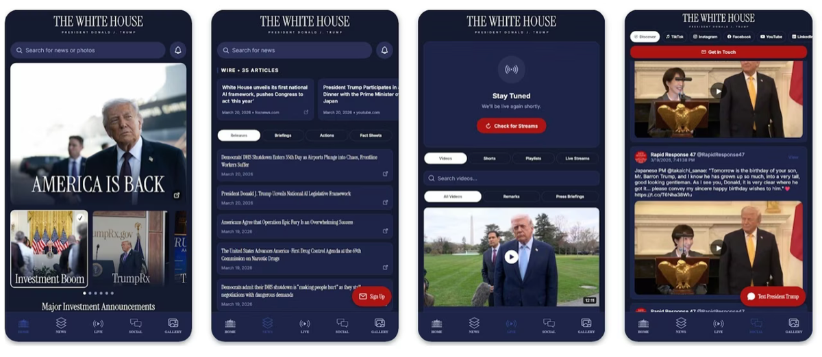 Screenshots of the official White House app showing news feed, articles, livestream, and contact features